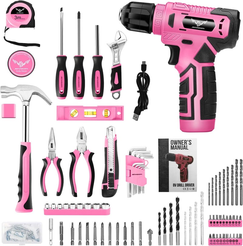 JENABOM Tool Set：Pink Tool Kit with 8V Cordless Drill, Tool Box with Drill, Hand Drill Set for Men & Women, Home Tool Kits for House Repair, Handyman, DIY 127 Piece - Image 4